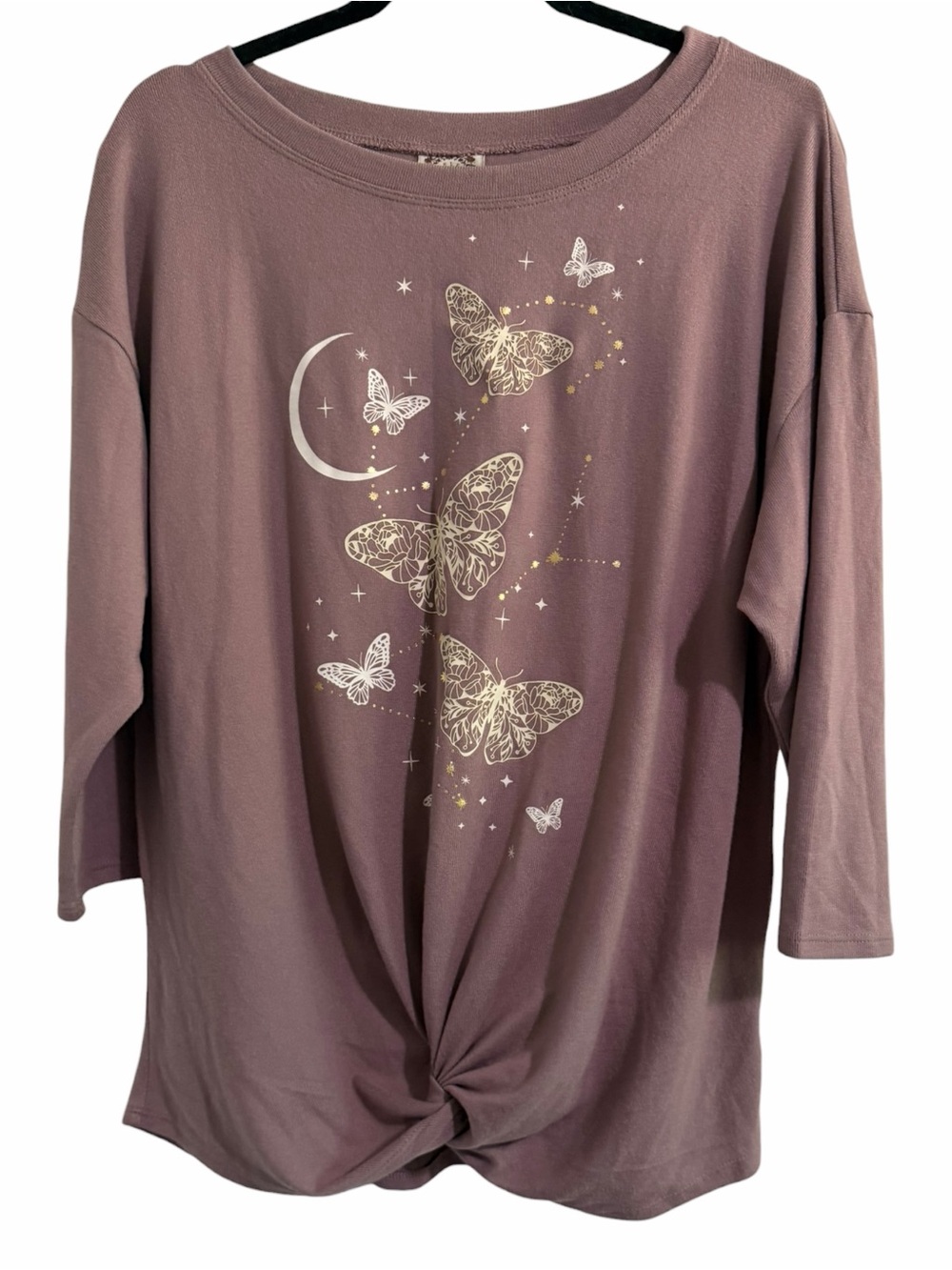 TruSelf Women’s 1X Butterfly Graphic Top Mauve Pink Twist Front Stretch Shirt